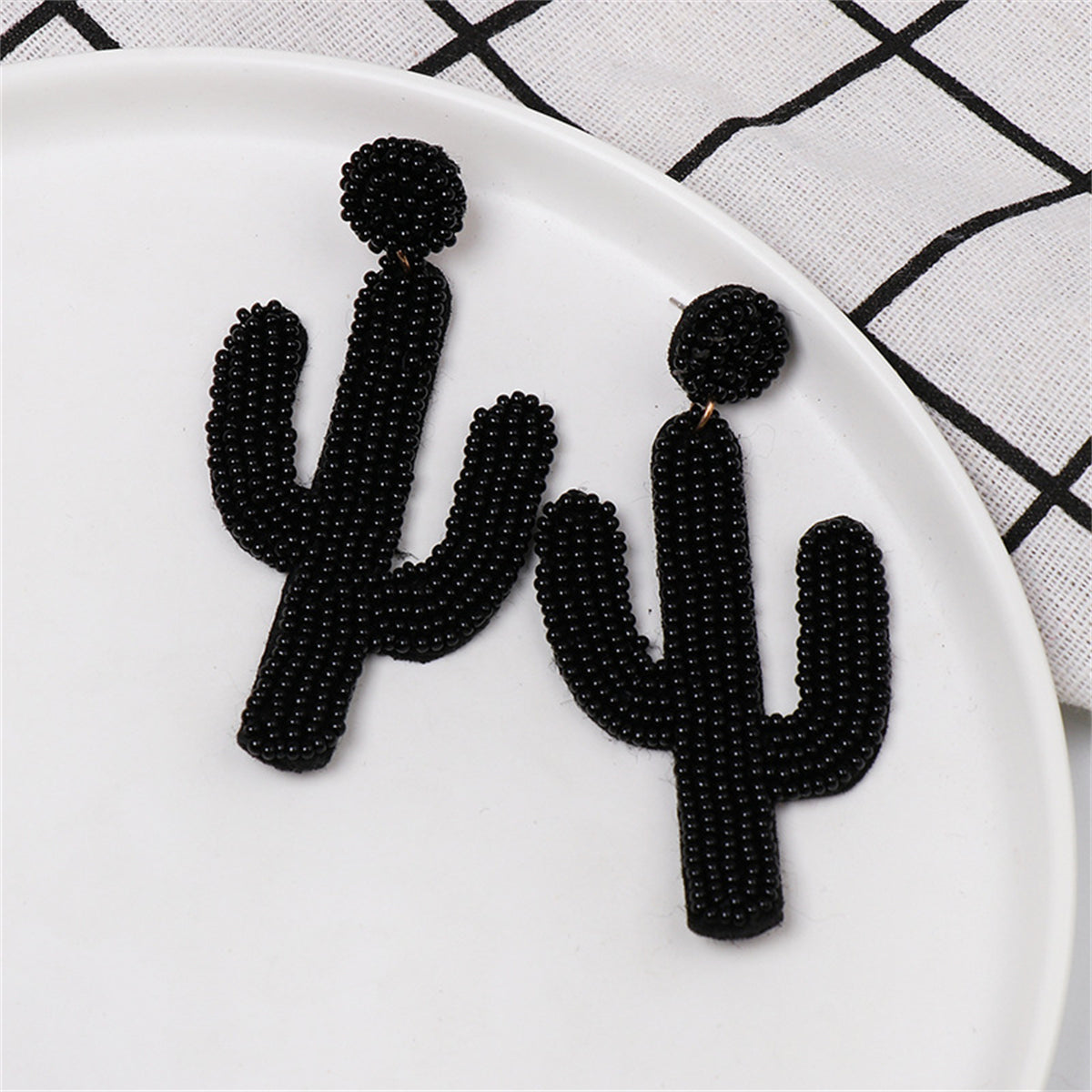Black Howlite Beaded Cactus Drop Earrings, drop earrings for women, vintage-inspired design, side view