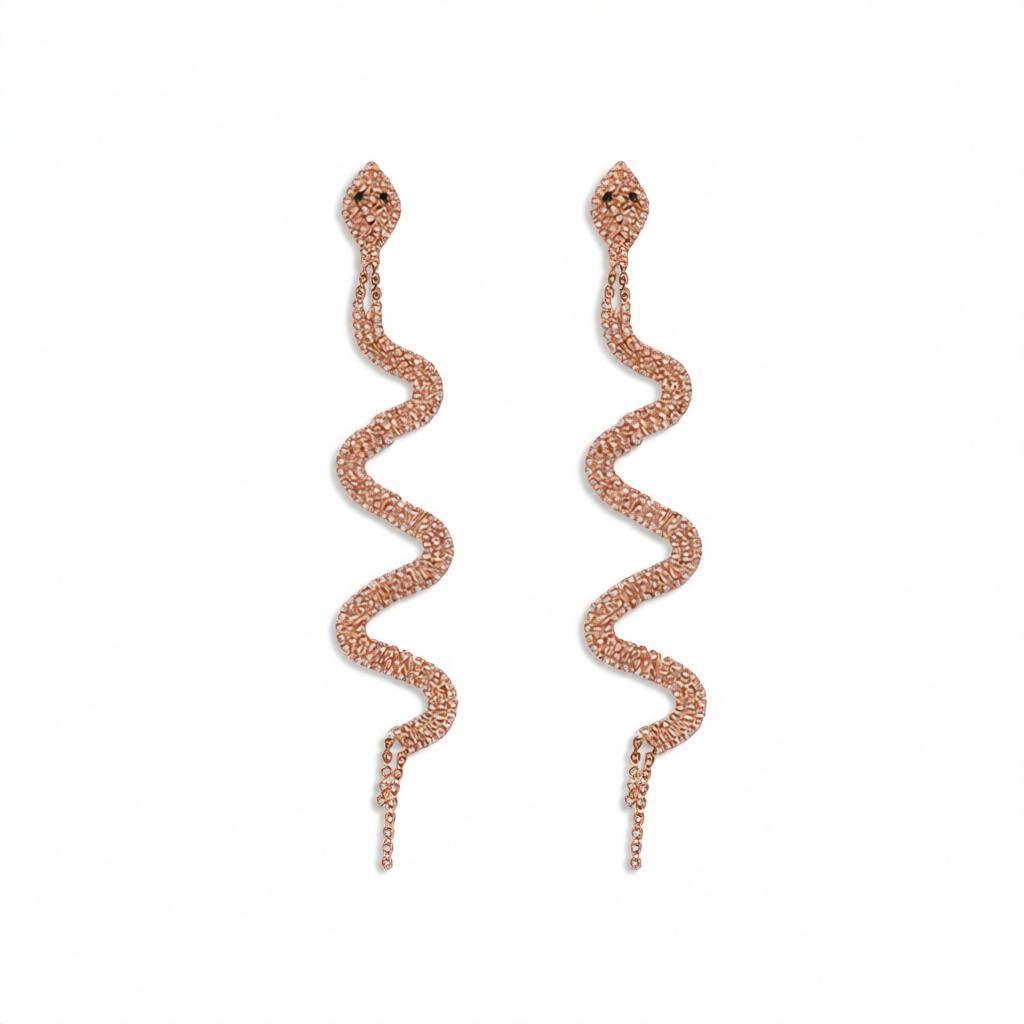 Cubic Zirconia and 18K Rose Gold-Plated Snake Drop Earrings, rose gold drop earrings for women, botanical inspired, side view
