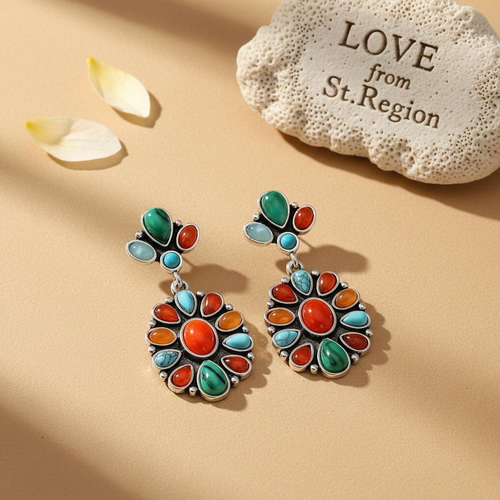 Orange Resin & Turquoise Silver-Plated Oval Drop Earrings - Street Region