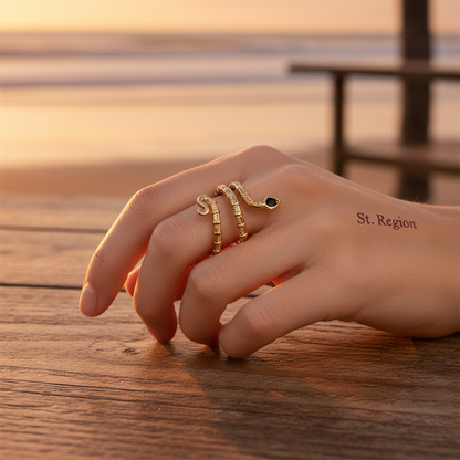 Black Cubic Zirconia & 18K Gold-Plated Snake Layered Open Ring - Street Region