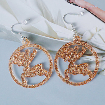 Golden Acrylic and Silver-Plated Glitter Openwork Reindeer Round Drop Earrings, silver drop earrings for..., detail close-up