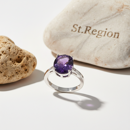 Purple Crystal & Silver-Plated Oval-Cut Solitaire Ring
