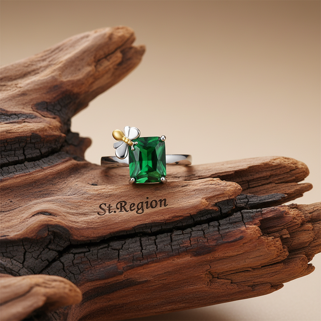 Green Crystal & Two-Tone Bee Emerald-Cut Ring - Street Region