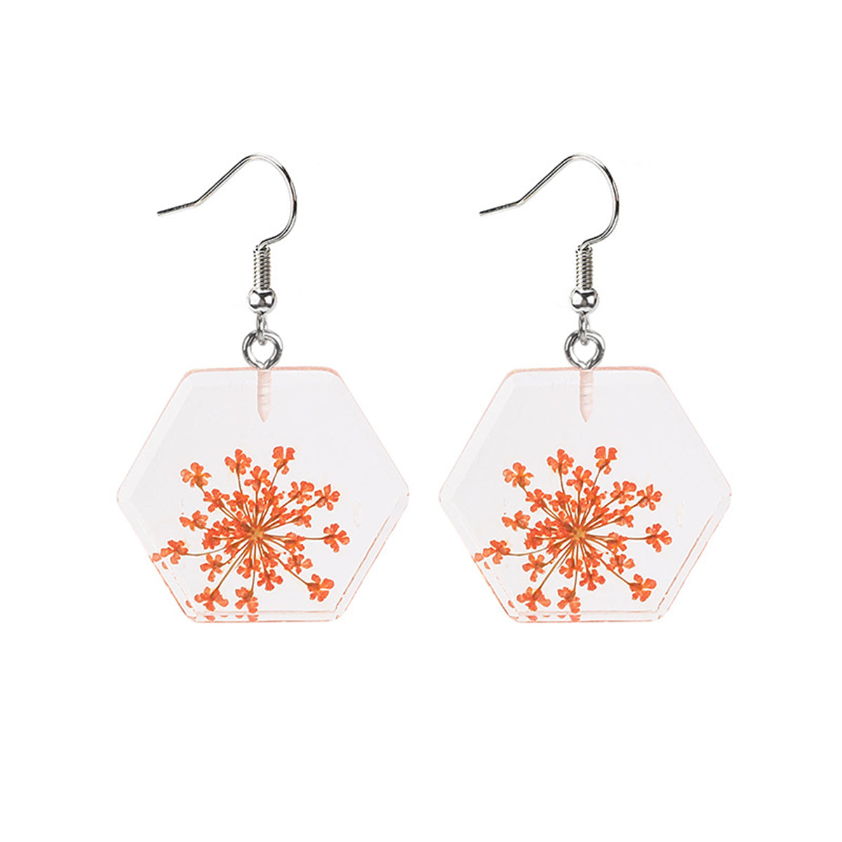 Green and Silver-Plated Baby'S Breath Hexagon Drop Earrings, silver drop earrings for women, front view