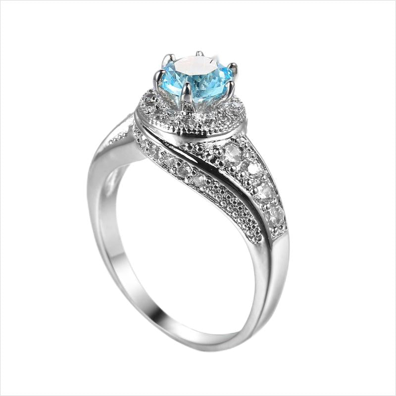 Sea Blue Cubic Zirconia & Silver-Plated Round Ring