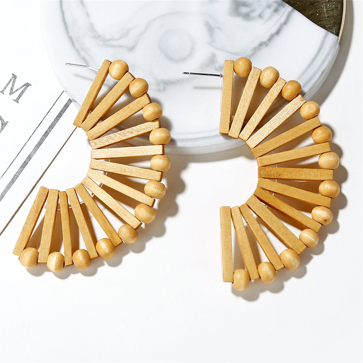 Wood and Silver-Plated Fan Huggie Earrings, silver huggie earrings, vintage-inspired design, front view