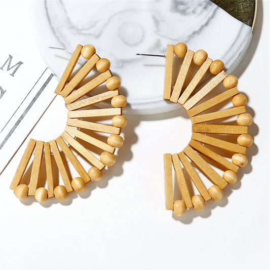Wood and Silver-Plated Fan Huggie Earrings, silver huggie earrings, vintage-inspired design, front view