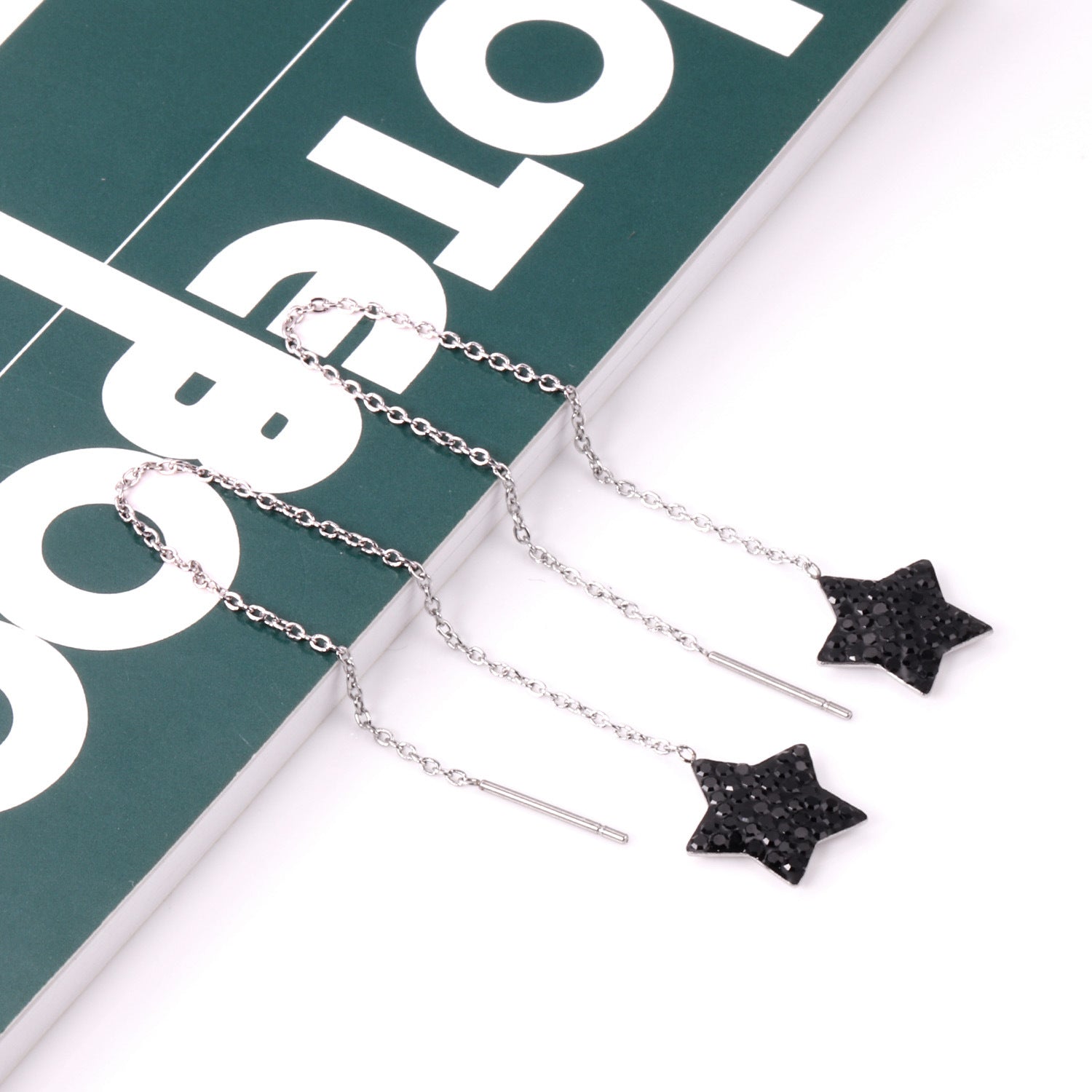 Black Cubic Zirconia & Silver-Plated Star Threader Earrings