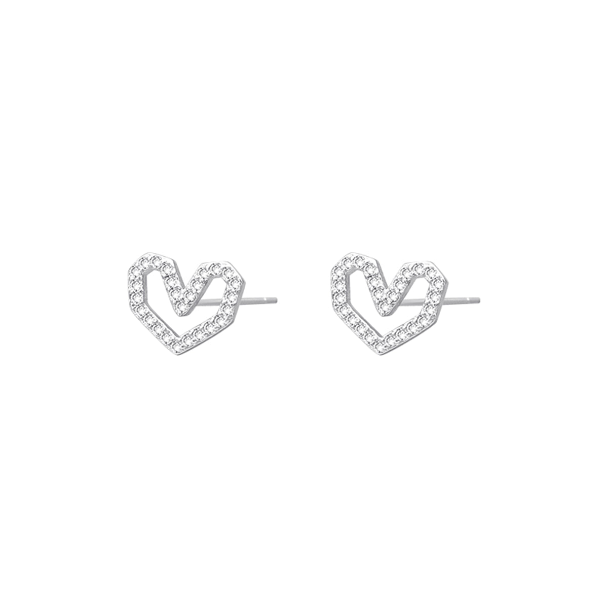 Cubic Zirconia and Silver-Plated Hexagon Heart Stud Earrings, silver stud earrings for women, botanical inspired, front view