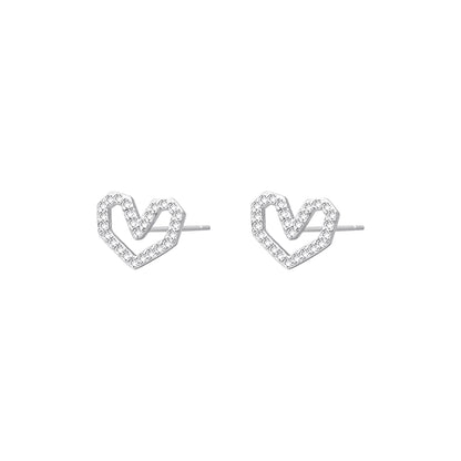 Cubic Zirconia and Silver-Plated Hexagon Heart Stud Earrings, silver stud earrings for women, botanical inspired, front view