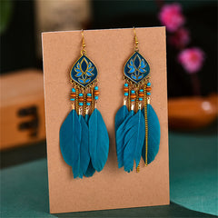 Blue Feather & Resin Drop Earrings