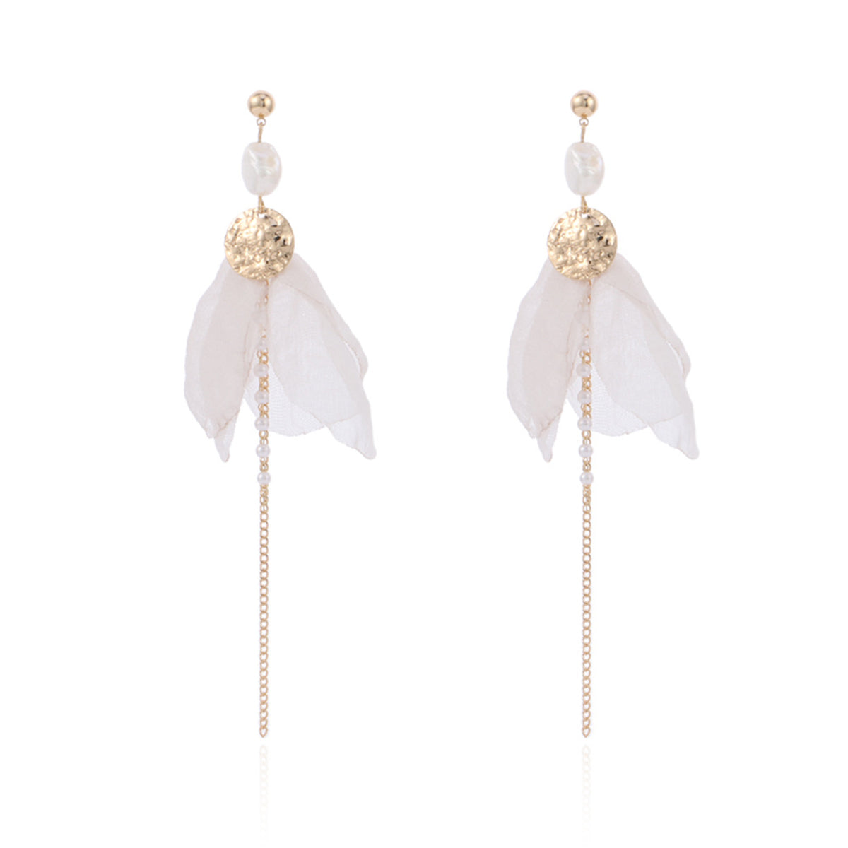 Pearl and Mesh 18K Gold-Plated Coin Bow Drop Earrings, gold drop earrings for women, dainty minimalist design, front view