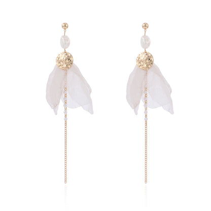 Pearl and Mesh 18K Gold-Plated Coin Bow Drop Earrings, gold drop earrings for women, dainty minimalist design, front view