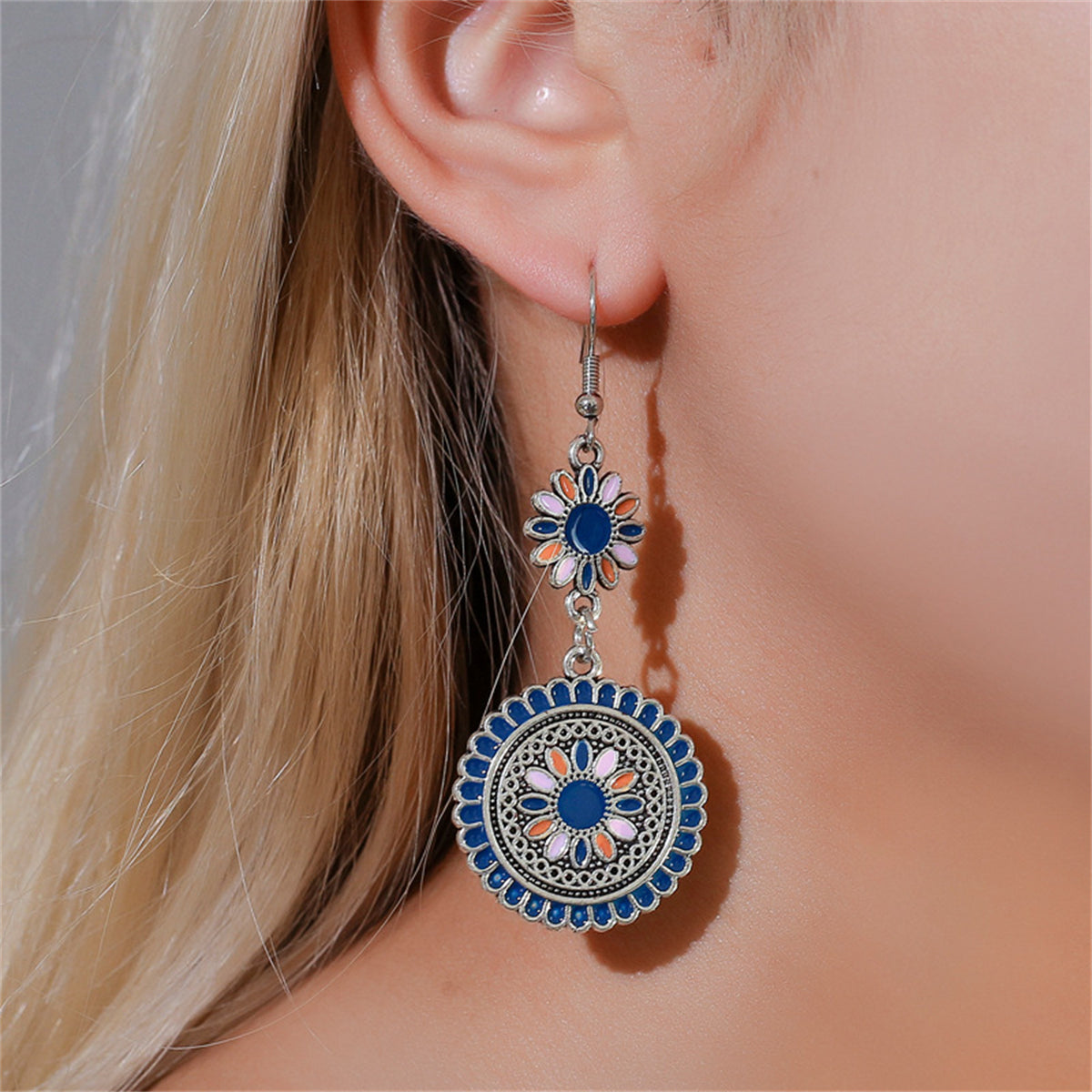 Blue Enamel and Silver-Plated Sunflower Tiered Drop Earrings, silver drop earrings for women, styled look