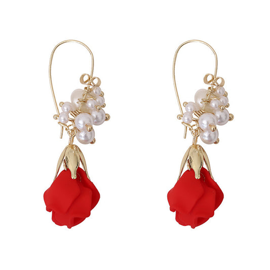 Pearl and Red Acrylic 18K Gold-Plated Rose Huggie Earrings, gold huggie earrings, vintage-inspired design, front view