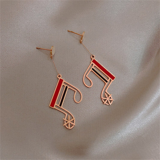 Red and Black Enamel 18K Rose Gold-Plated Musical Note Drop Earrings, rose gold drop earrings for women, front view