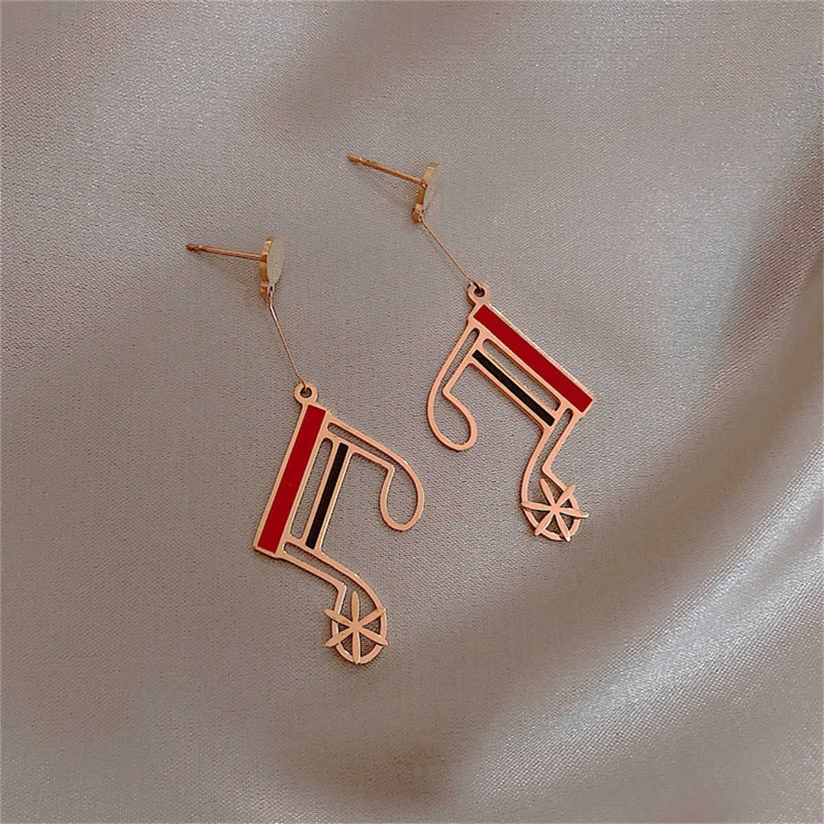 Red & Black Enamel 18K Rose Gold-Plated Musical Note Drop Earrings
