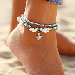 Turquoise & Silver-Plated Tortoise Charm Anklet