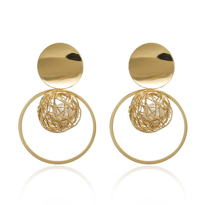 Pearl and 18K Gold-Plated Net Circle Drop Earrings, gold drop earrings for women, everyday style, styled look