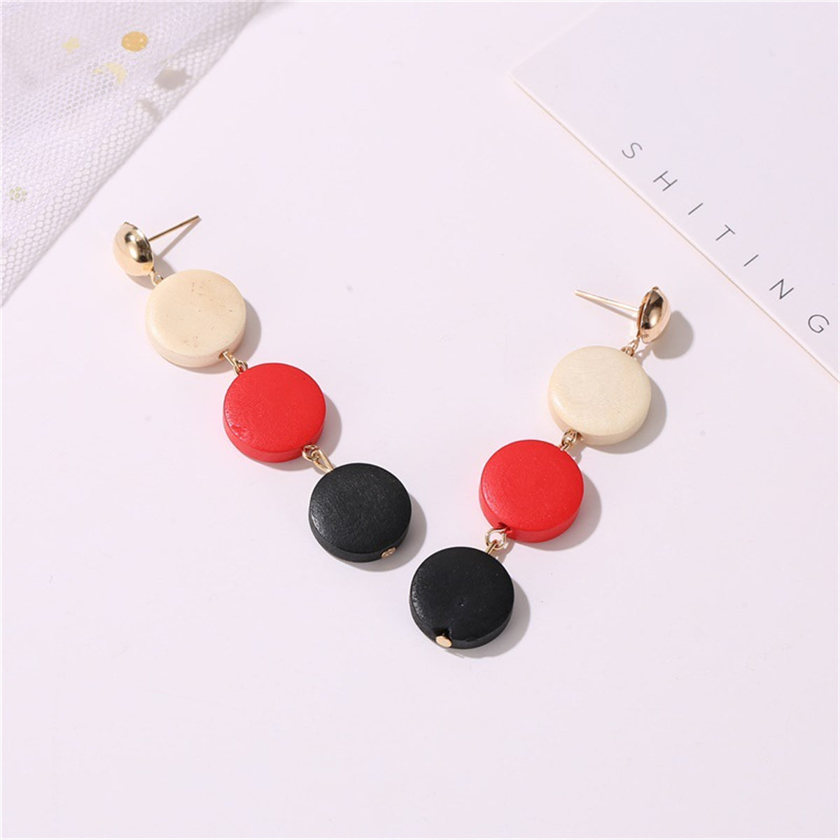 Brown Wood and 18K Gold-Plated Tiered Round Drop Earrings, gold drop earrings for women, elegant gift for her, front view