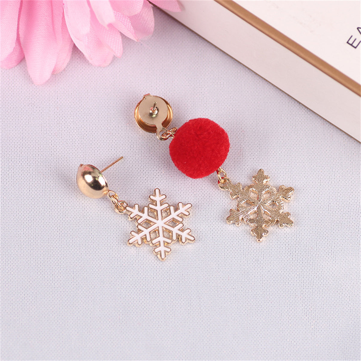 Red Pom-Pom and 18K Gold-Plated Snowflake Mismatched Drop Earrings, gold drop earrings for women, everyday style, side view