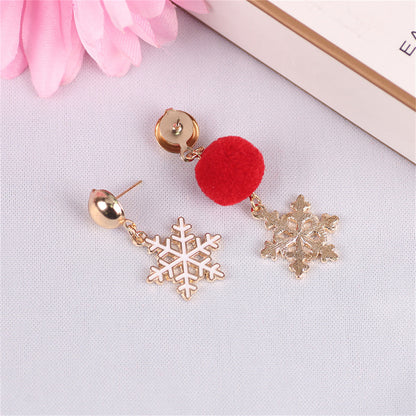 Red Pom-Pom and 18K Gold-Plated Snowflake Mismatched Drop Earrings, gold drop earrings for women, everyday style, side view