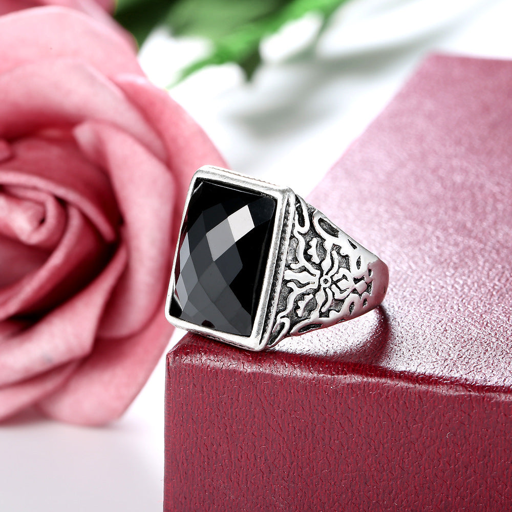 Black Rectangle Band Ring, statement rings for women, botanical inspired, side view