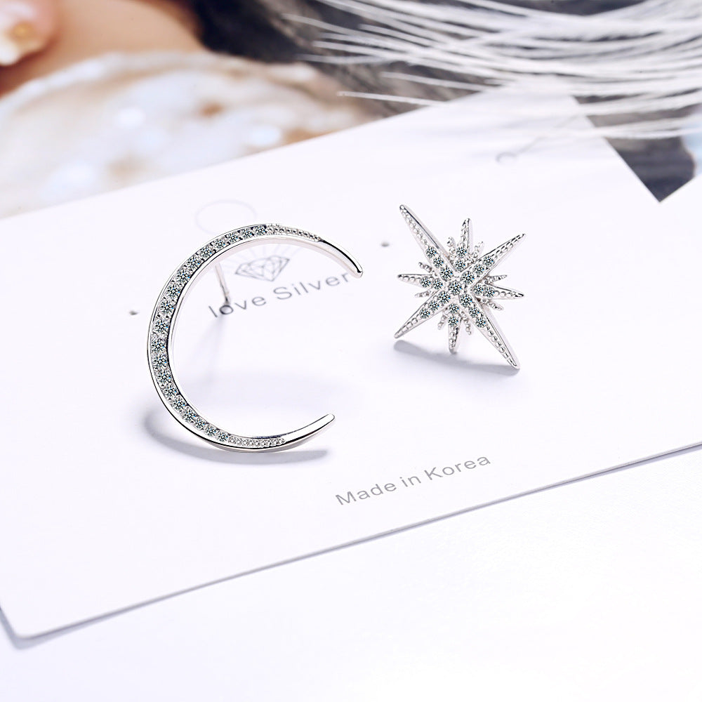 Cubic Zirconia and Silver-Plated Moon and Star Stud Earrings, silver stud earrings for women, front view