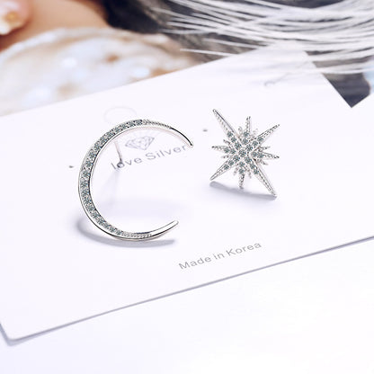 Cubic Zirconia and Silver-Plated Moon and Star Stud Earrings, silver stud earrings for women, front view