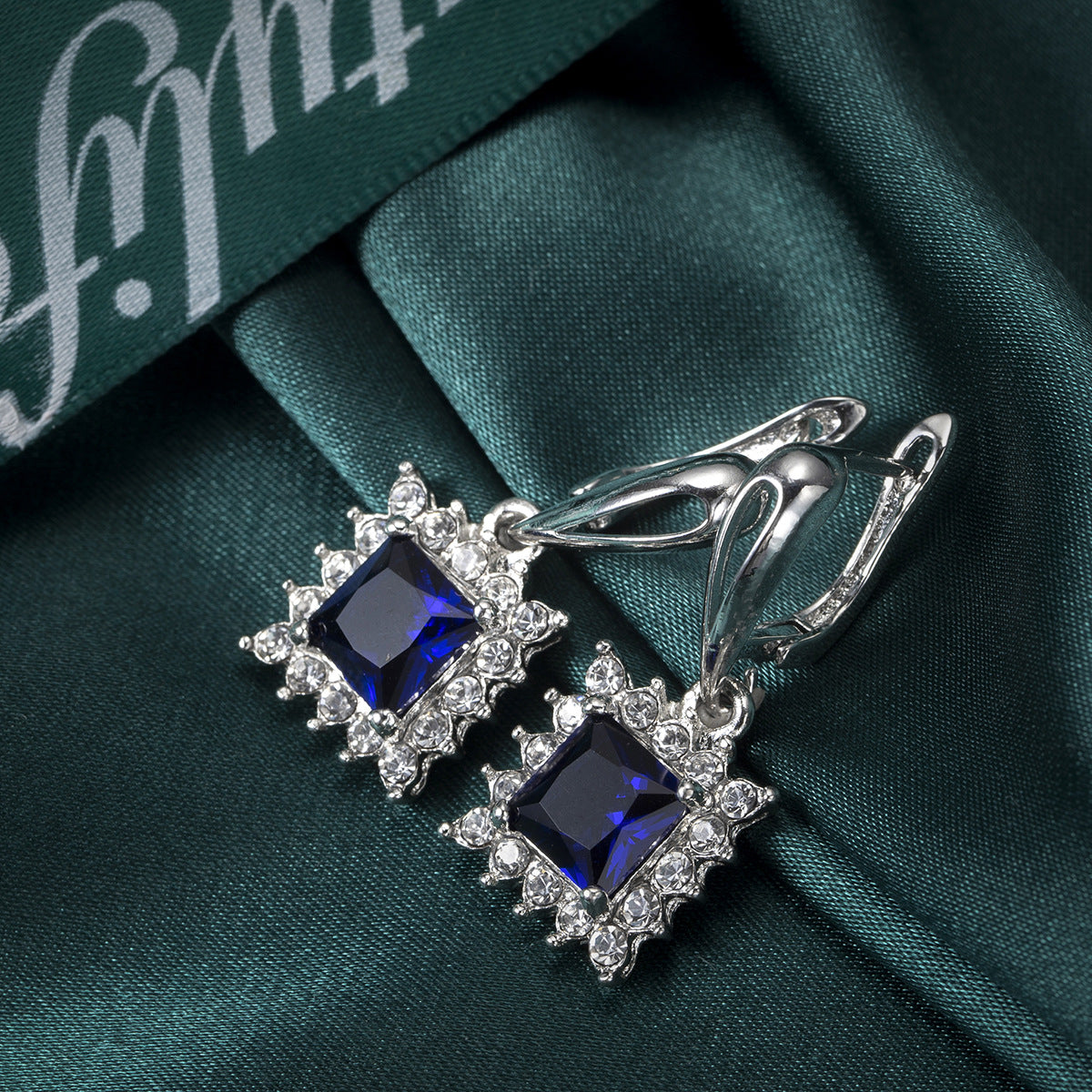 Navy Crystal & Cubic Zironia Square Drop Earrings