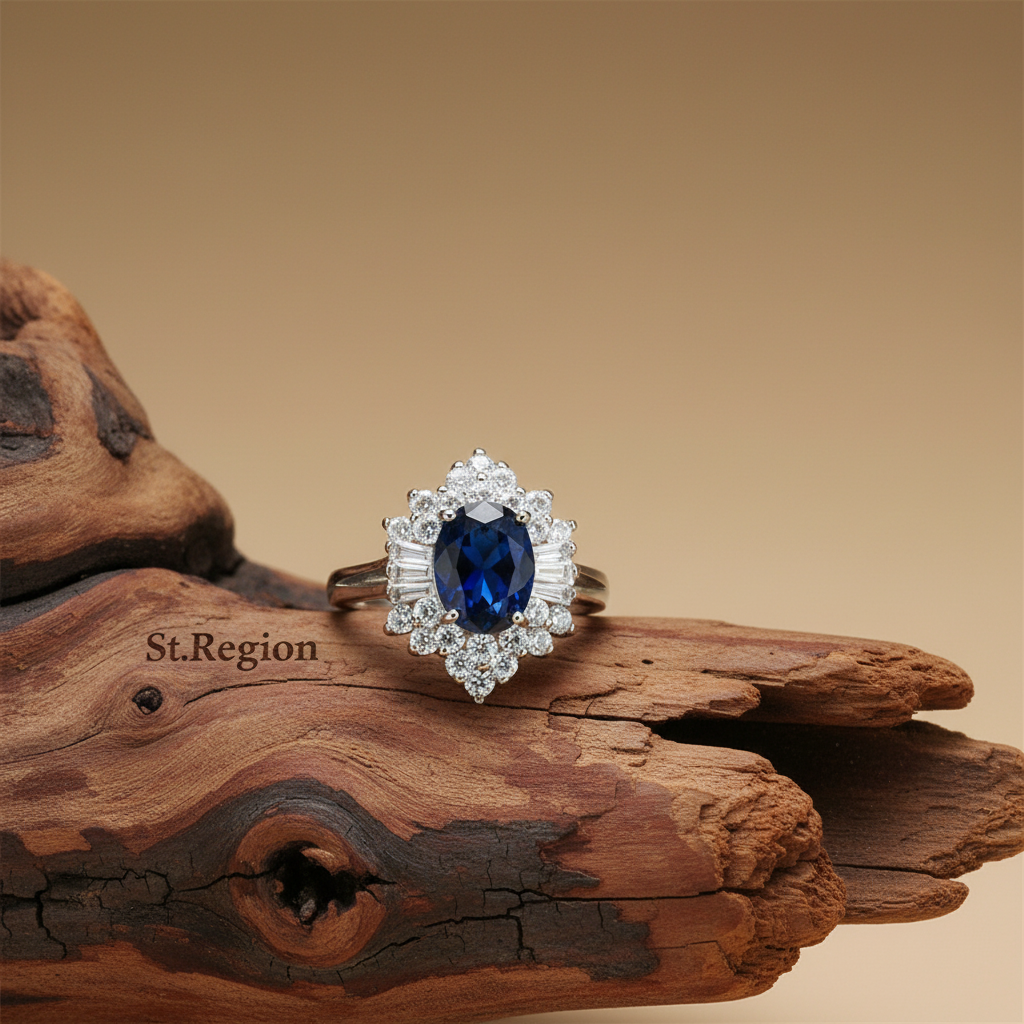 Navy Crystal & Cubic Zirconia Silver-Plated Flower Ring