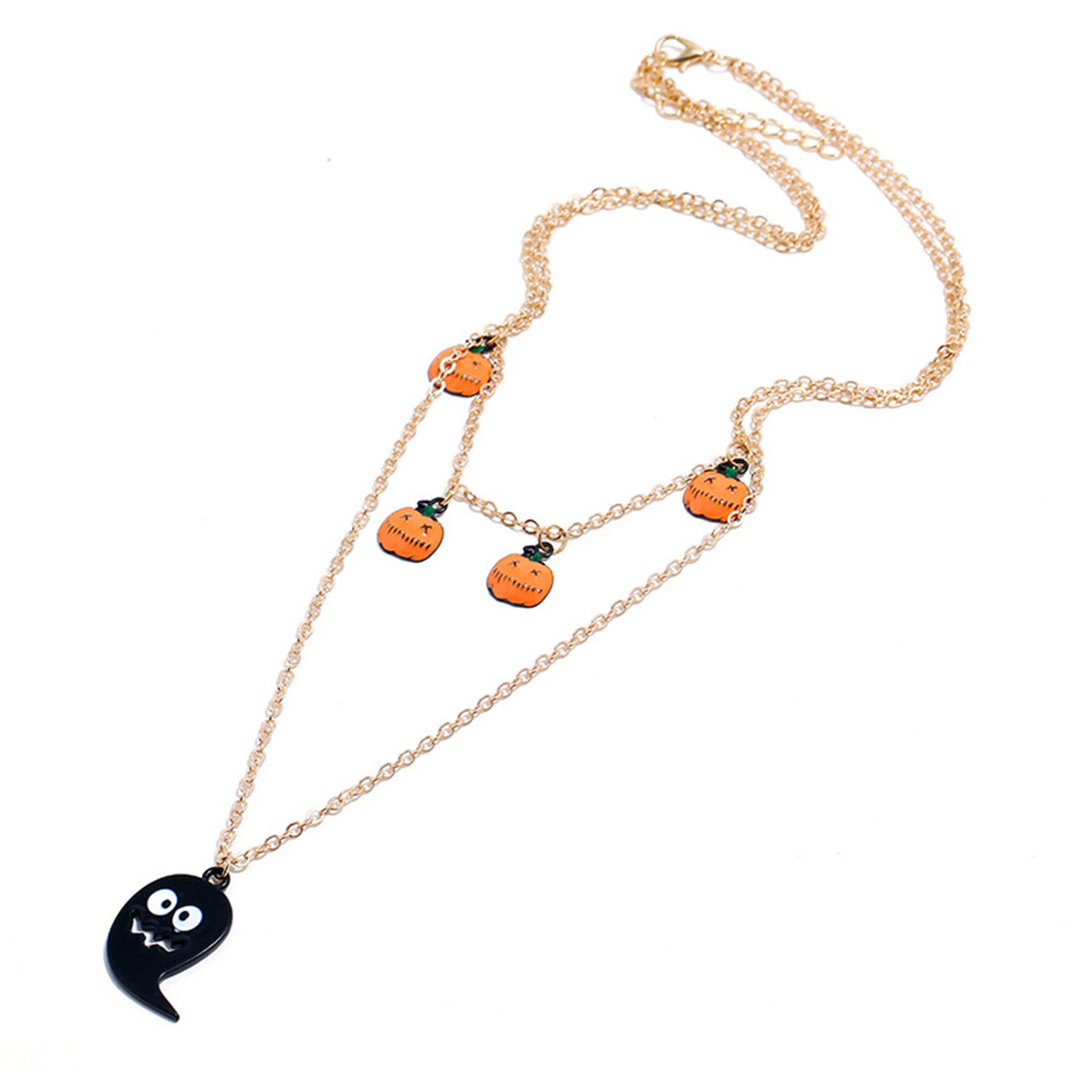 18K Gold-Plated & Black Enamel Ghost & Pumpkin Station Layered Pendant Necklace