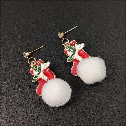 Cubic Zirconia and Red Holly Stocking Pom-Pom Drop Earrings, drop earrings for women, elegant gift for her, detail close-up