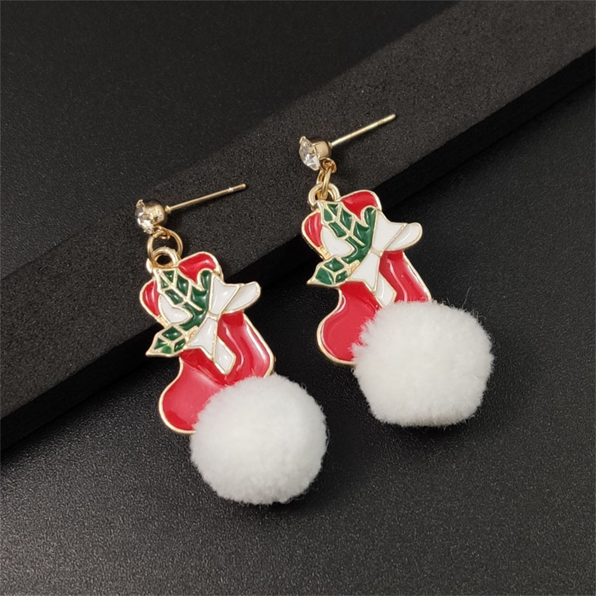 Cubic Zirconia and Red Holly Stocking Pom-Pom Drop Earrings, drop earrings for women, elegant gift for her, lifestyle look