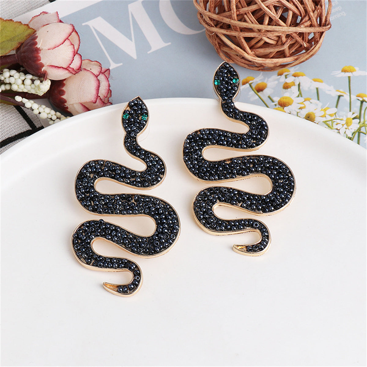 Black Howlite and 18K Gold-Plated Snake Dangle Earrings, gold drop earrings for women, detail close-up