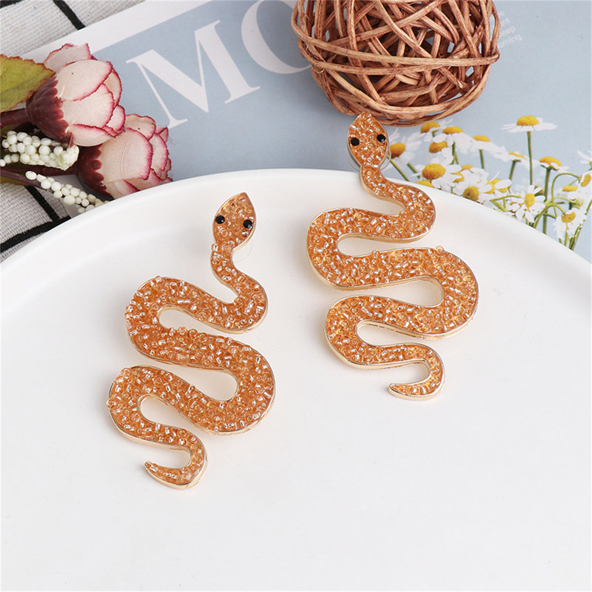 Champagne Howlite and 18K Gold-Plated Snake Dangle Earrings, gold drop earrings for women, detail close-up