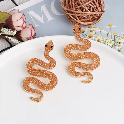 Champagne Howlite and 18K Gold-Plated Snake Dangle Earrings, gold drop earrings for women, detail close-up