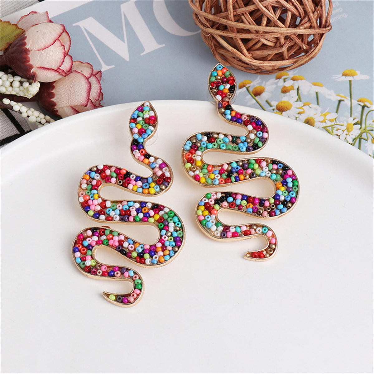 Colored Howlite and 18K Gold-Plated Snake Dangle Earrings, gold drop earrings for women, everyday style, side view