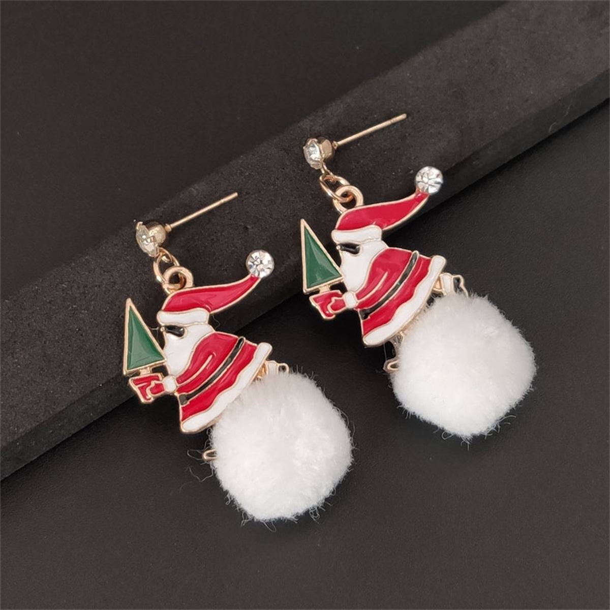 Cubic Zirconia and Red Santa Tree Pom-Pom Drop Earrings, drop earrings for women, botanical inspired, detail close-up
