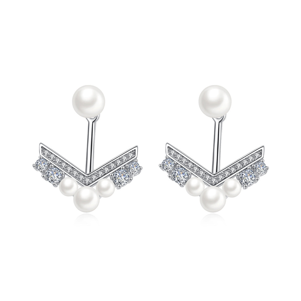 Pearl & Cubic Zirconia Silver-Plated Chevron Cluster Ear Jackets