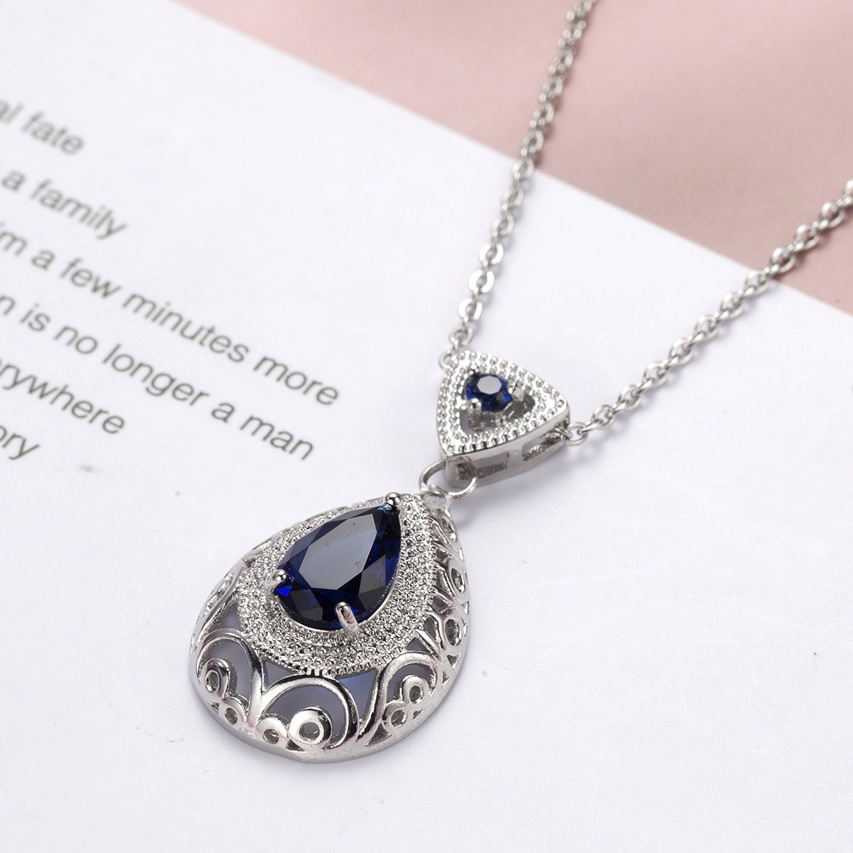 Navy Crystal & Silver-Plated Filigree Pear Pendant Necklace
