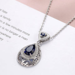 Navy Crystal & Silver-Plated Filigree Pear Pendant Necklace