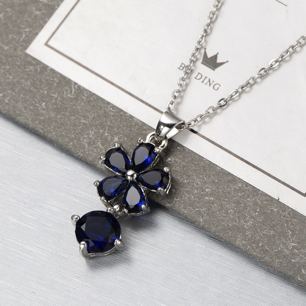 Navy Crystal & Silver-Plated Floral Pendant Necklace
