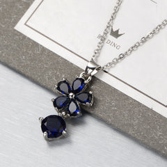 Navy Crystal & Silver-Plated Floral Pendant Necklace