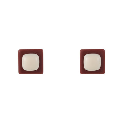 White and Red Resin Square Stud Earrings, stud earrings for women, dainty minimalist design, front view