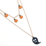18K Gold-Plated & Black Enamel Ghost & Pumpkin Station Layered Pendant Necklace