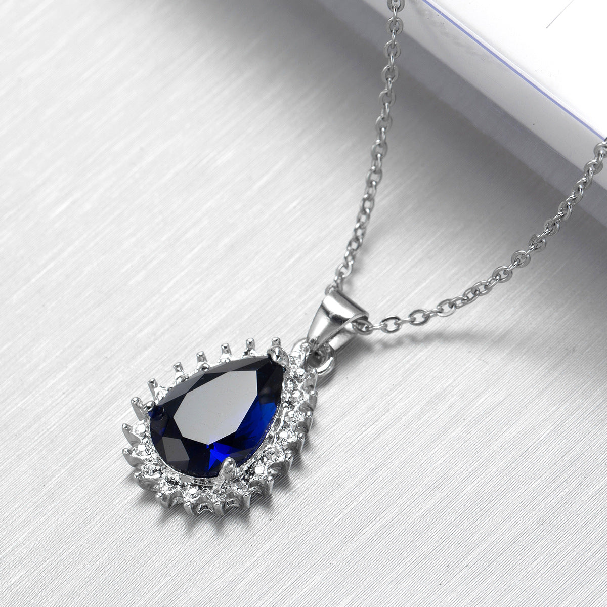 Navy Crystal & Silver-Plated Pear Pendant Necklace