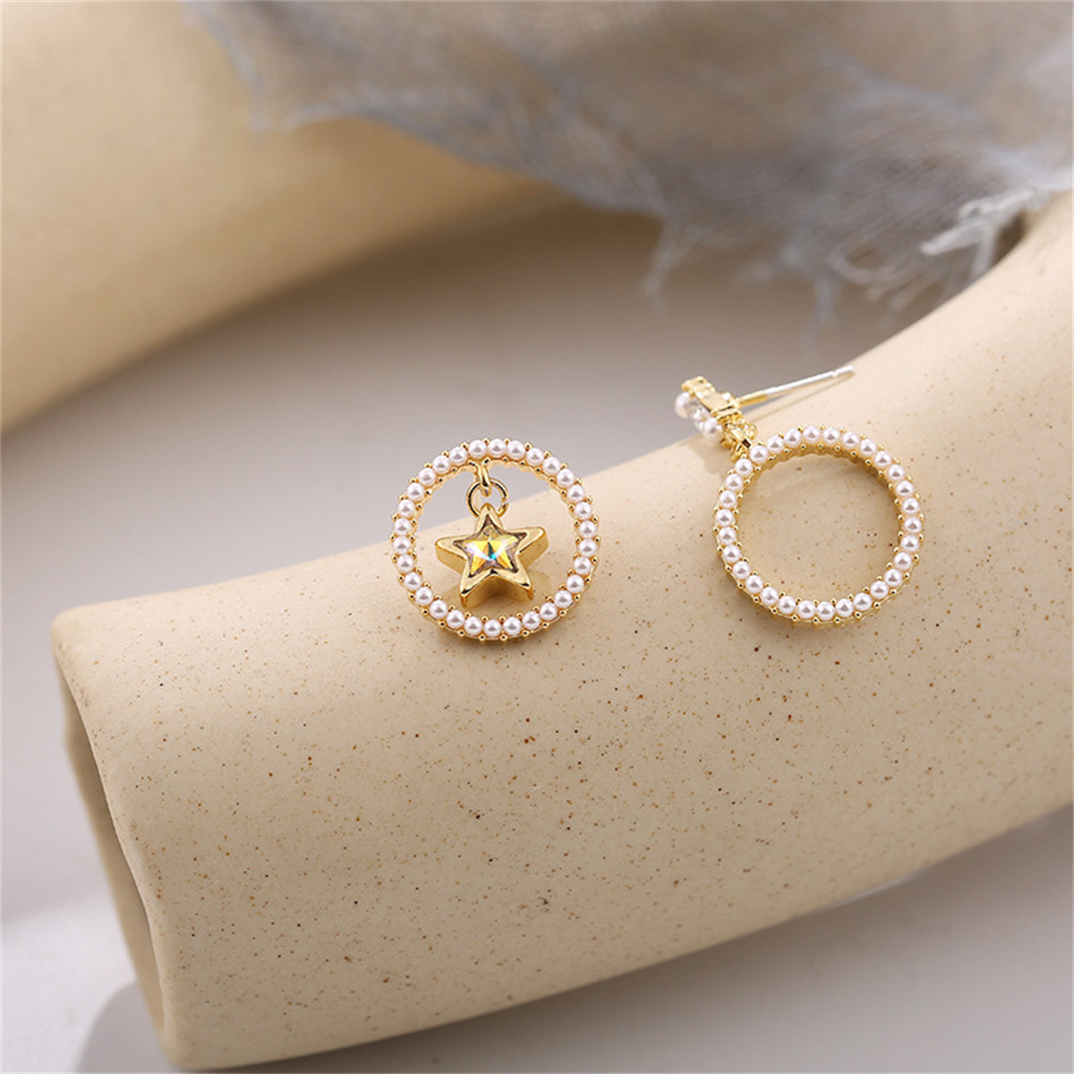 Pearl and Cubic Zirconia Star and Hoop Drop Earrings, drop earrings for women, vintage-inspired design, side view
