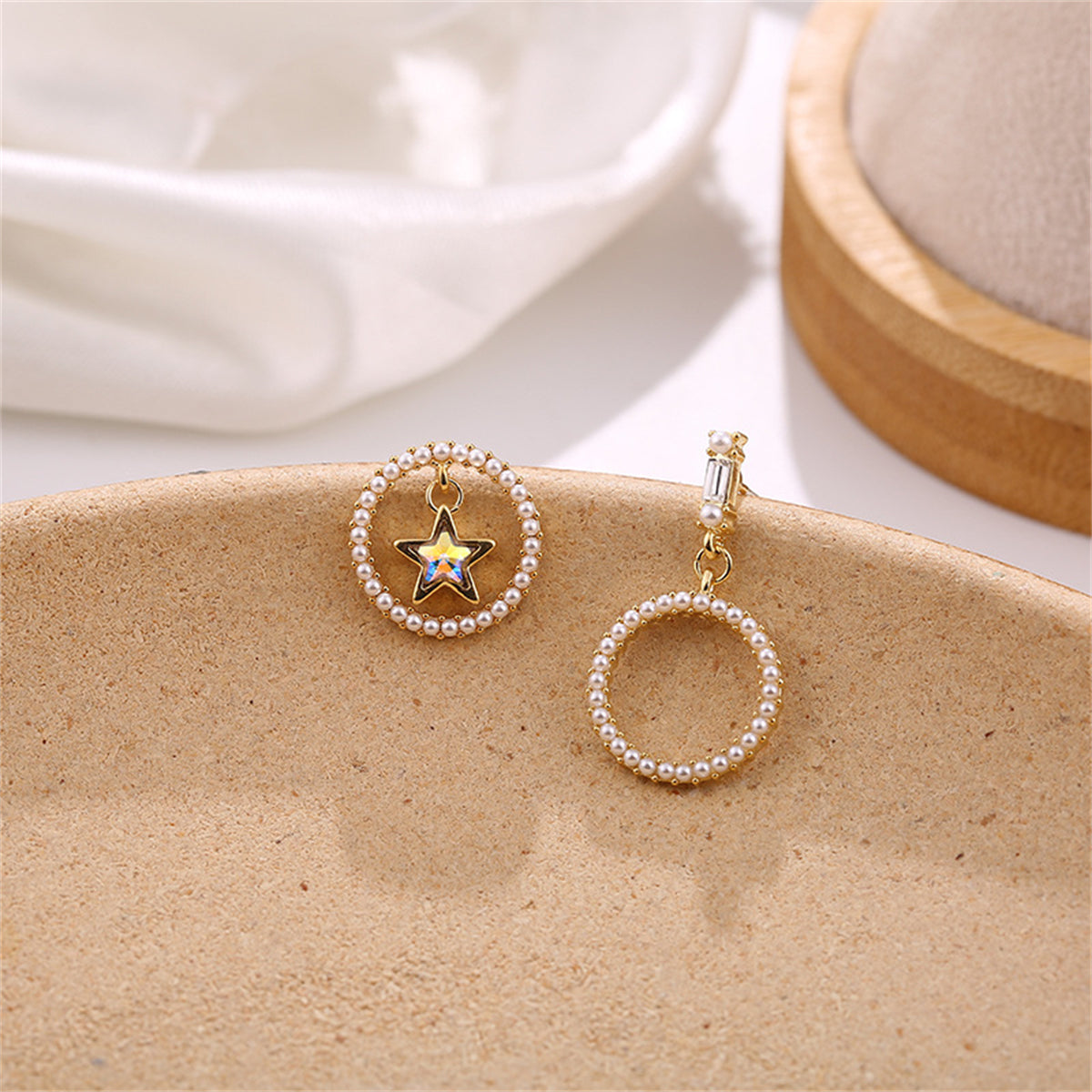 Pearl and Cubic Zirconia Star and Hoop Drop Earrings, drop earrings for women, vintage-inspired design, detail close-up