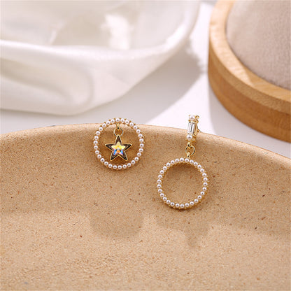 Pearl and Cubic Zirconia Star and Hoop Drop Earrings, drop earrings for women, vintage-inspired design, detail close-up